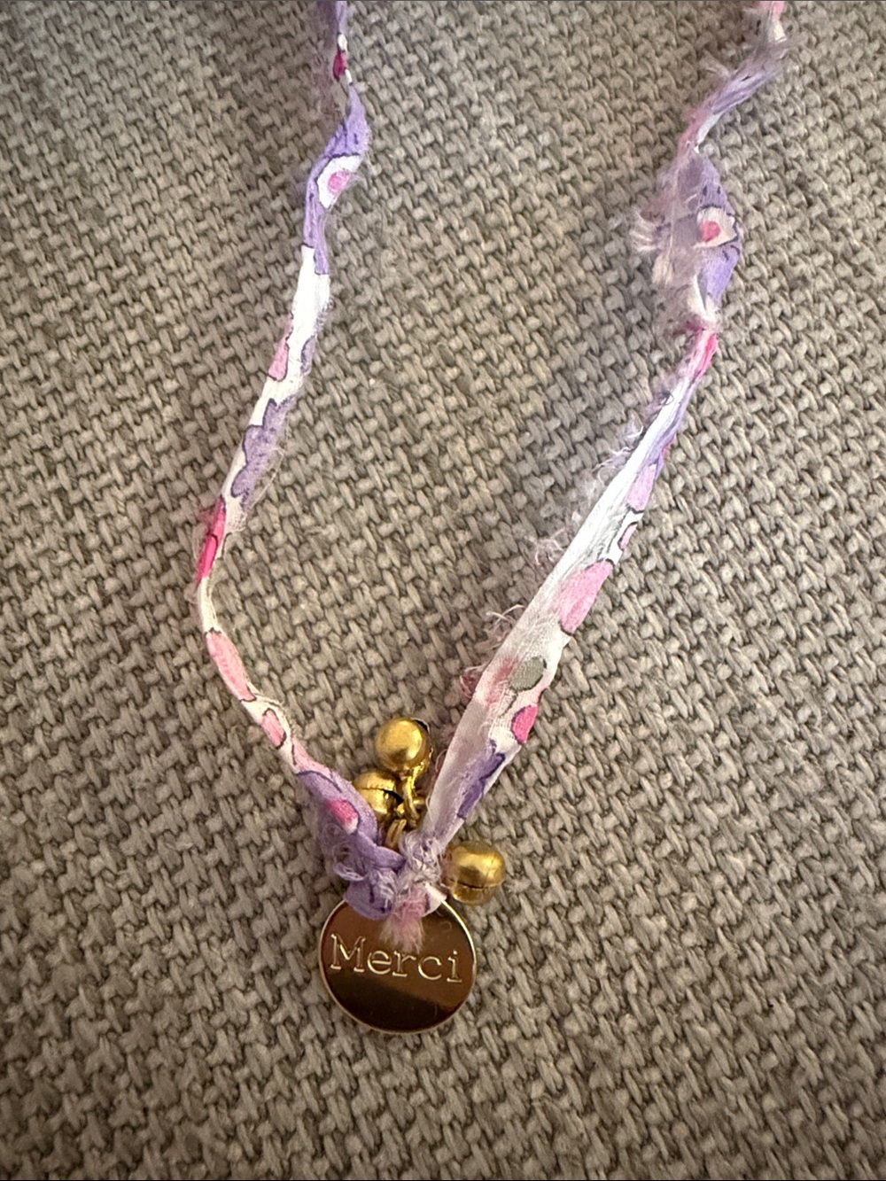 Merci Gold Charm Pendant Necklace with Lavender Ribbon